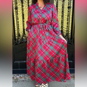 Plaid Tiered Maxi Dress in Red and Green
